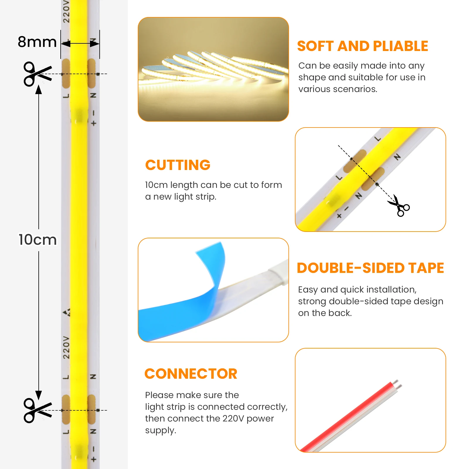 Фото 5M 10M 20M 50M COB Светодиодная лента 220V Клейкая лента с IC Не требуется драйвер 240LEDs/m Линейное освещение Белый Красный Зеленый Ледяной Синий Фиолетовый №5