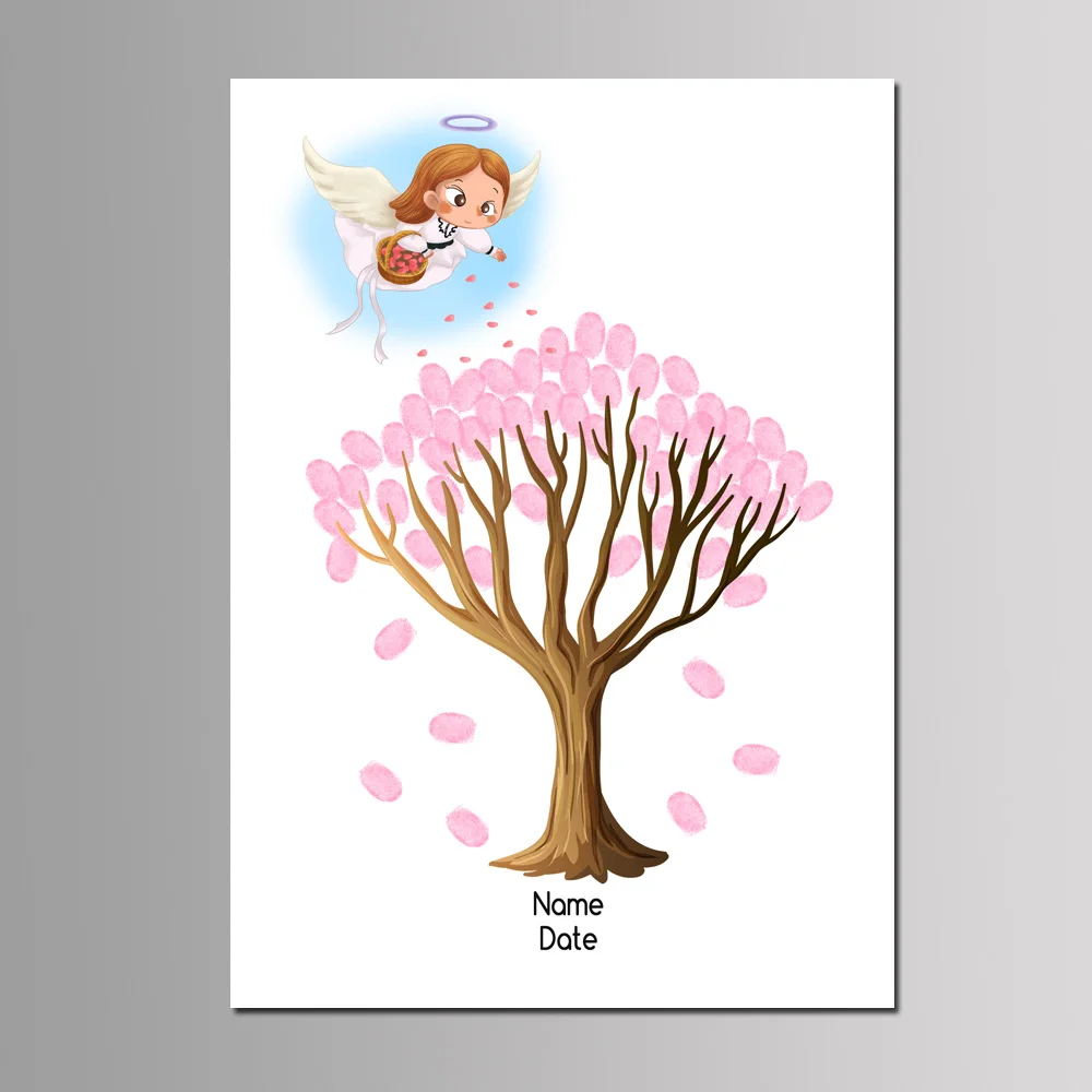 

Free Custom Printed Angel Fingerprint Tree Guest Book Girl Birthday Party Decoration Unframed Canvas Painting Kids Event Gift