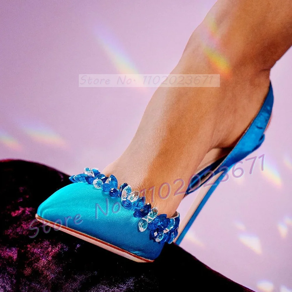 Элегантные Сатиновые сандалии с синими кристаллами Женская Роскошная обувь на