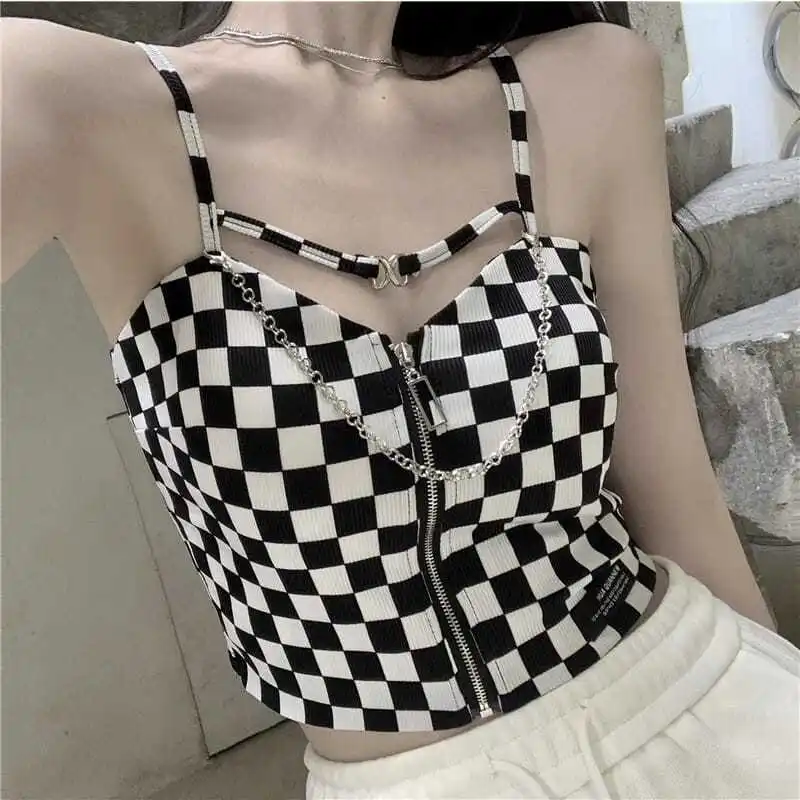 

2023 Woman Plaid Print Pattern Crop Top Female Streetwear Summer Bodycon Tank Top Shirts Ladies Sleeveless Clubwear Tops A61