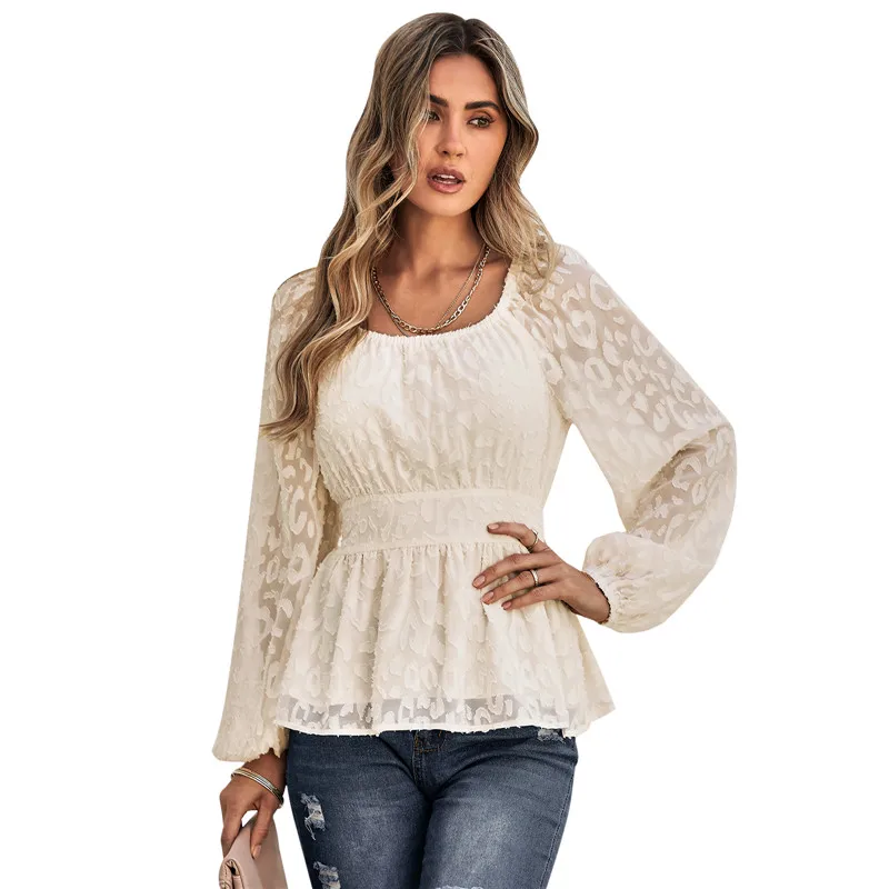 

Women Y2K Chiffon T-shirt See-through High Waist Long Sleeve Jacquard Patchwork Blouse Ladies Solid Pullover Tops Casual Daily
