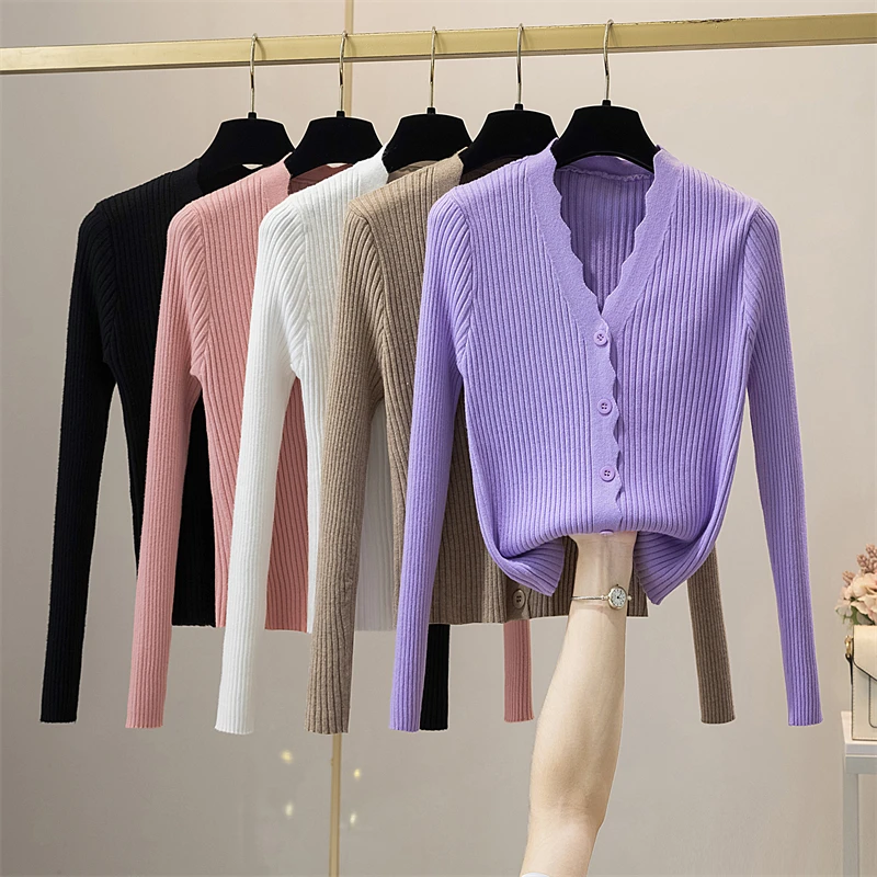 Button Up Fashion Ropa Mujer V Neck Long Sleeve Korean Cardigan Solid Autumn Winter Basic French Purple Chic Women Casual Top