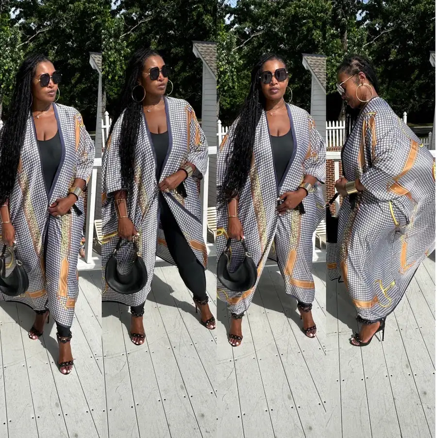 Африканская Летняя мода женский Шелковый Свободный длинный кардиган с принтом в