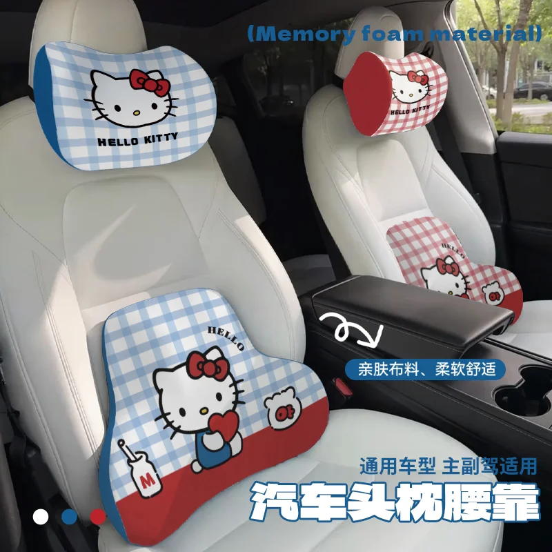 Фото Подушка для подголовника автомобиля Hello Kitty, зимняя теплая плюшевая подушка-игрушка, подушка для поддержки шеи и поясницы, регулируемая подушка для автомобильного сиденья, чехол для ремня безопасности