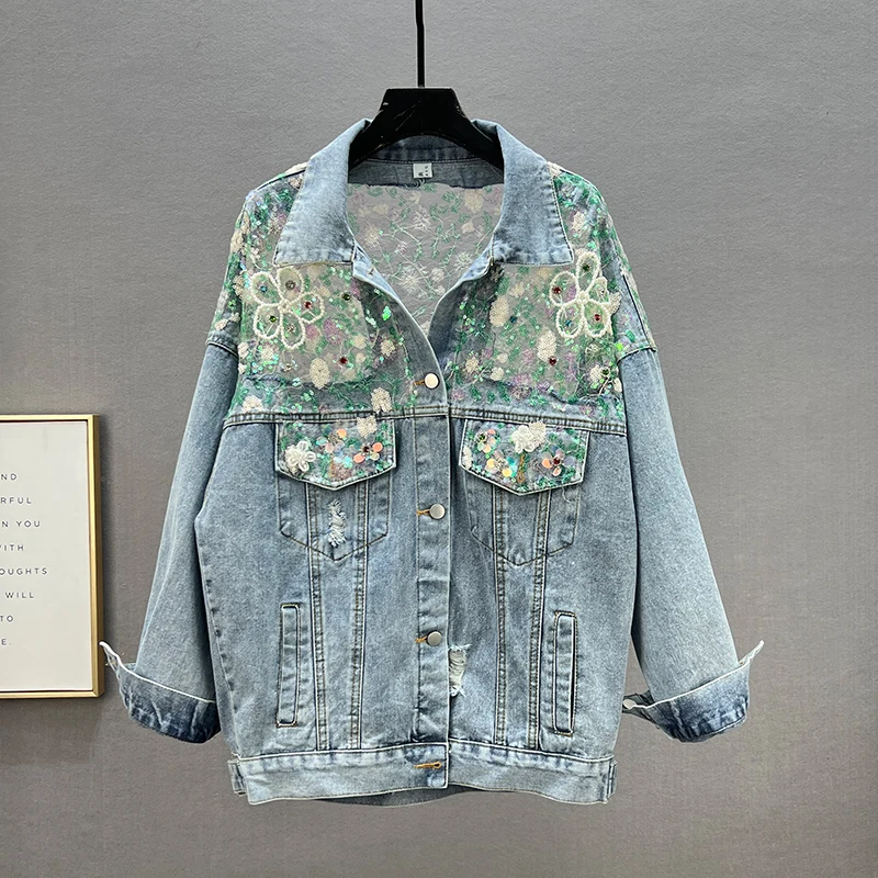 

Lace Patchwork Denim Jacket Women's Fashion Spring Autumn Clothes 2022 New Loose Sequined Diamonds Outerwear Woman Chaqueta Top