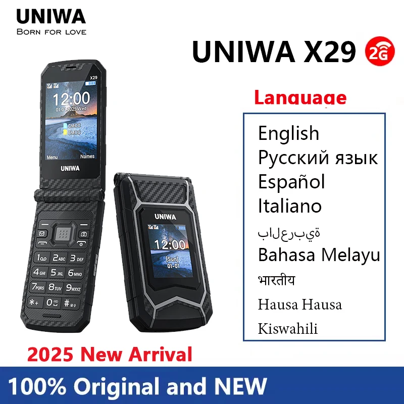 Фото UNIWA X29 GSM флип-телефон 2,8 дюйма с двойным экраном, двойной SIM-карты, большой шрифт, большая кнопка для пожилых людей, 2000 мАч, беспроводная радио, русская клавиатура №1