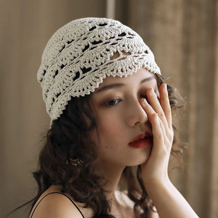 

Korea Handmade Crochet Cotton Hats Winter Retro Hollow Knitted Hat Literary Cap Ladies Casual Beanie For Women Designer Bonnet