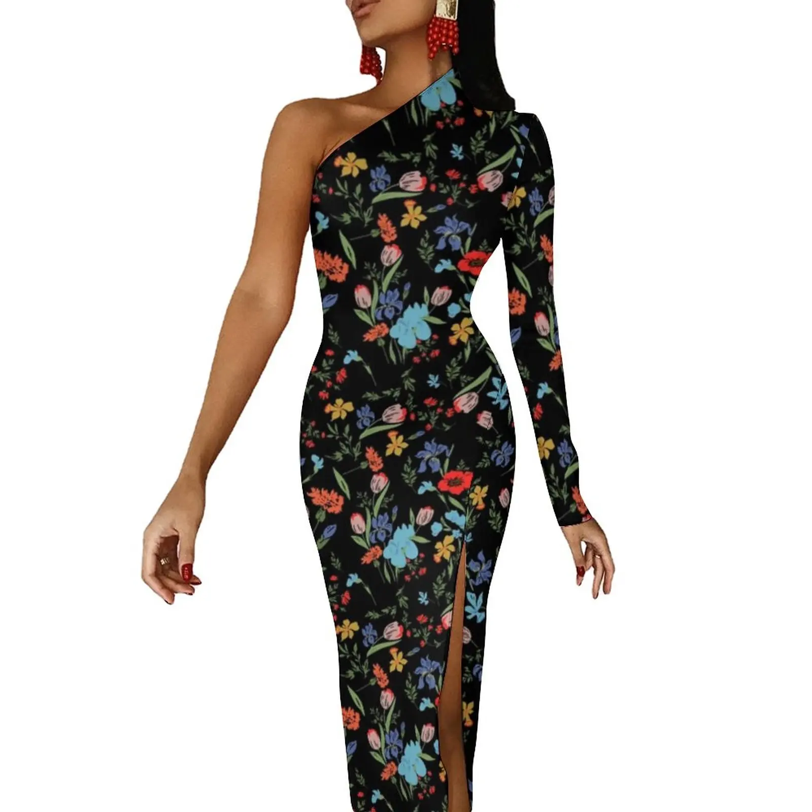 

Retro Baroque Floral Bodycon Dress Autumn Poppy Flower Print Retro Side Split Long Dresses Ladies Long Sleeve Trendy Party Dress