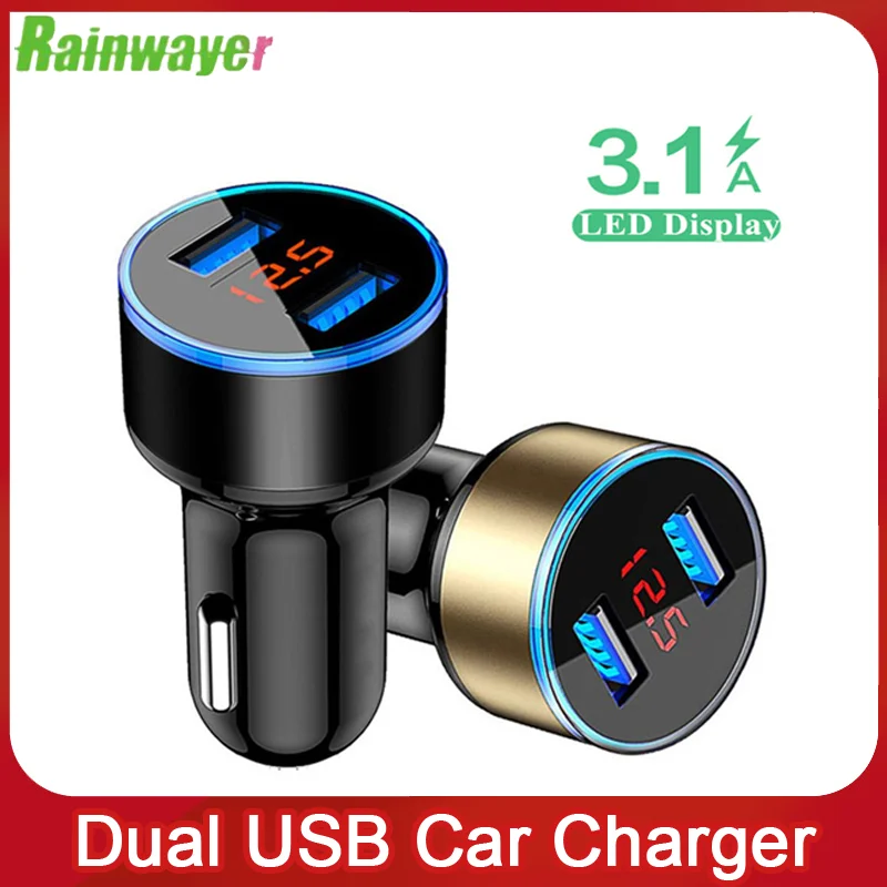 

Rainwayer 3.1A 5V Dual USB Car Charger With LED Display Universal Phone Car-Charger for Xiaomi Samsung S8 iPhone X 8 Plus Tablet