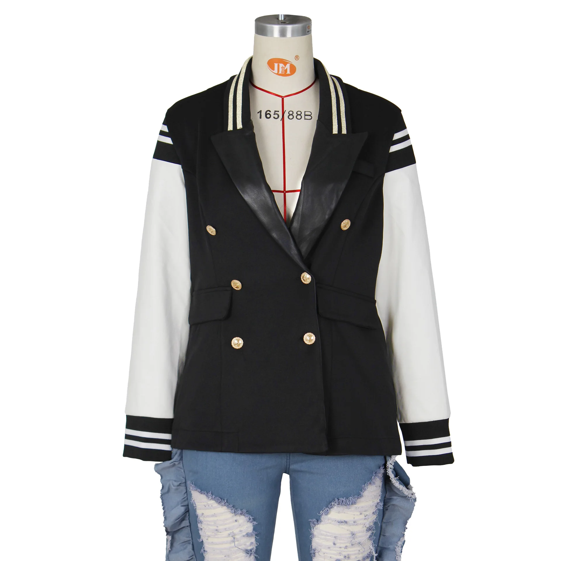 DEARIRIS PU Leather Splicing Baseball Jacket Metal Buckle Slim Suit Jacket