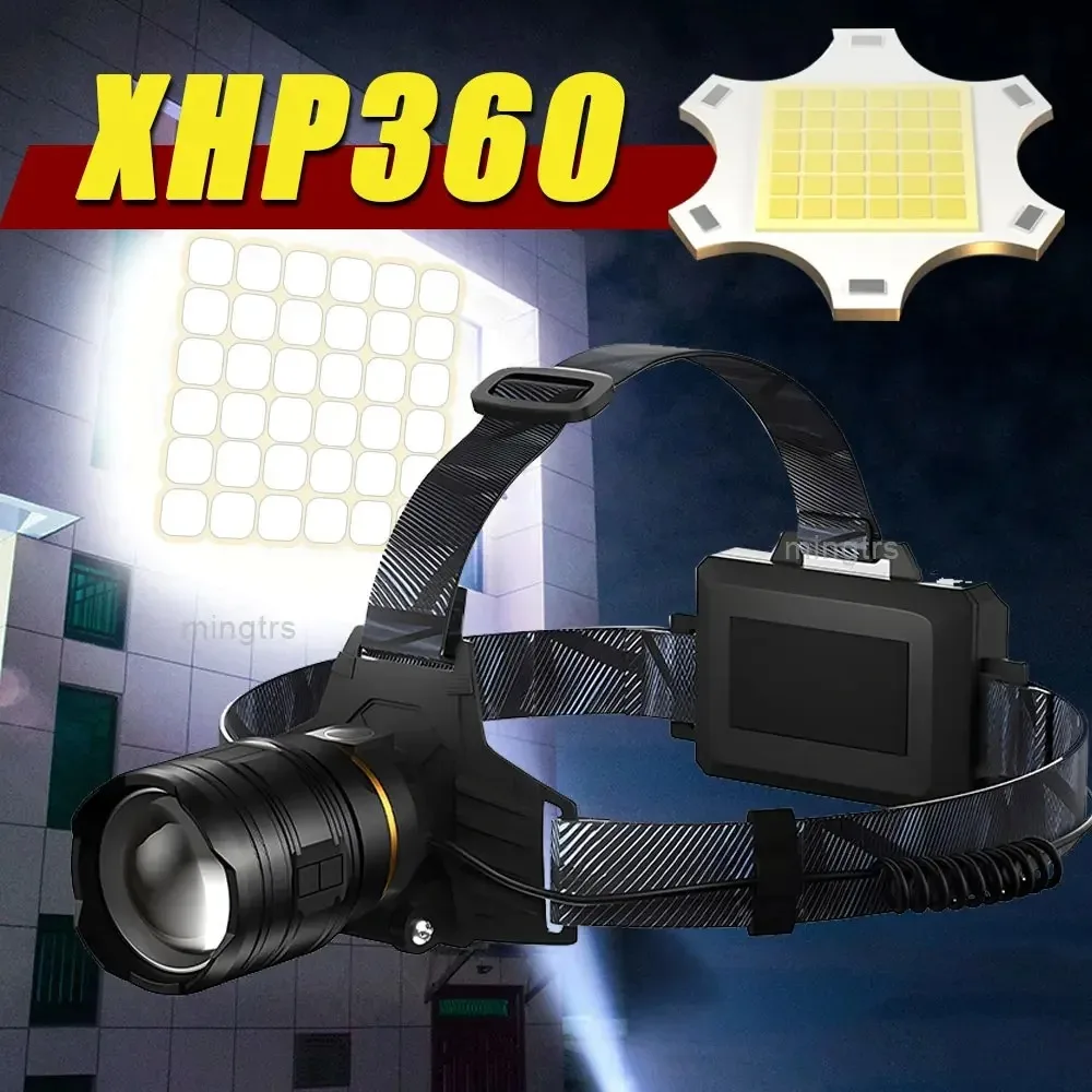 Фото Мощный налобный фонарь XHP360 LED с зумом, 36 светодиодов, перезаряжаемый, на аккумуляторе 18650, регулируемый, яркий, для рыбалки, кемпинга, походов №1