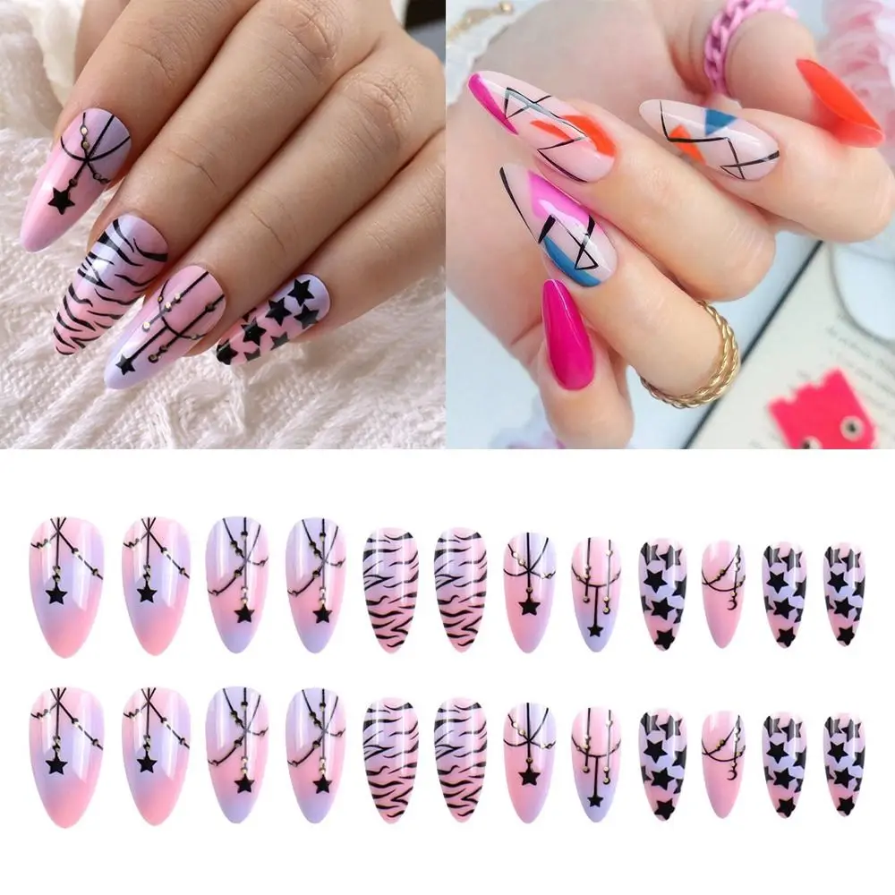 

24pcs French Detachable Full Cover Manicure False Nails Long Almond Wavy Fake Nails