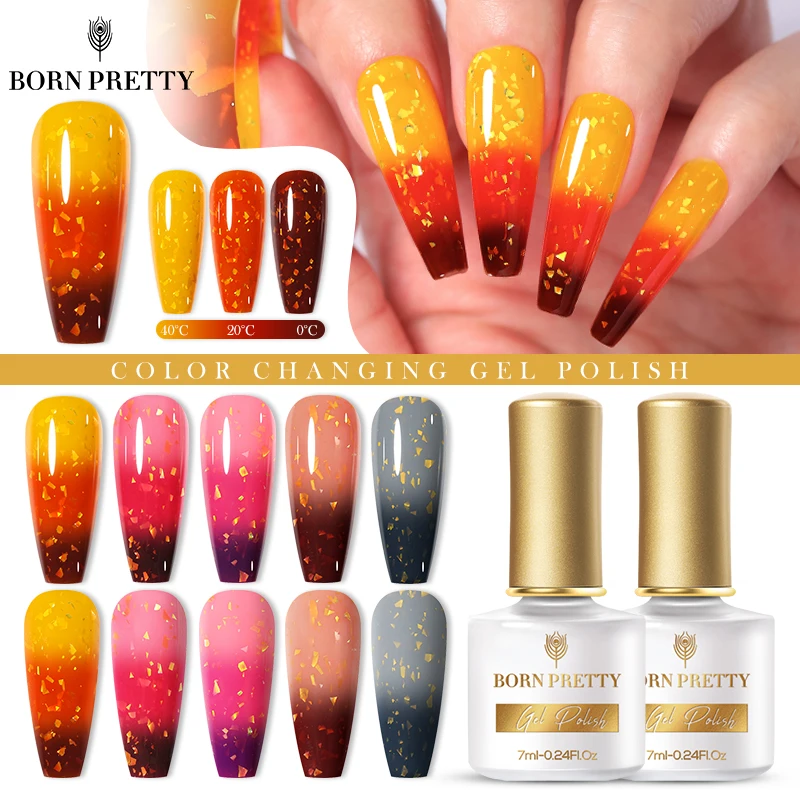 

BORN PRETTY 1 PC Color Changing Thermal Gel Nail Polish Gold Glitter Sequins Winter Colors Semi-permanent Nail Art Varnish 7ml