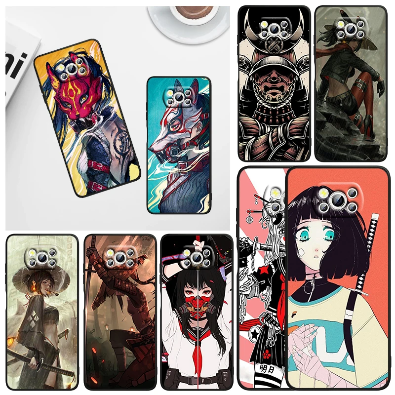 

Anime girl samurai Phone Case For Xiaomi Mi Poco X5 X4 X3 NFC F4 F3 GT M5 S M4 M3 M2 C50 Pro C3 5G Black Cover