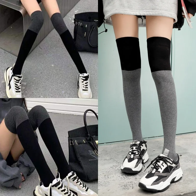 

Stitching Long Socks Women's Stockings Autumn and Winter New Japanese Knee Socks Solid Color Thigh High Socks Cotton Hold-Ups Wo