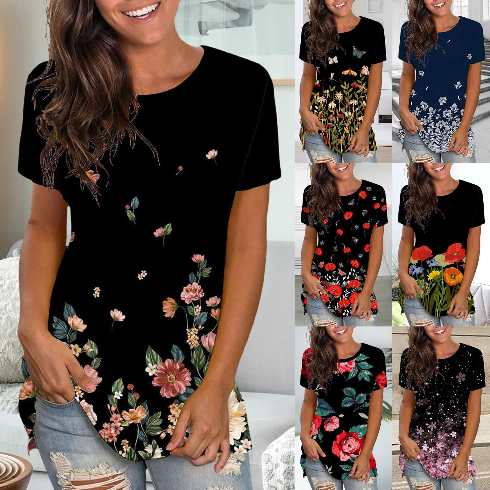 

Женская футболка с коротким рукавом, круглым вырезом и цветочным принтом