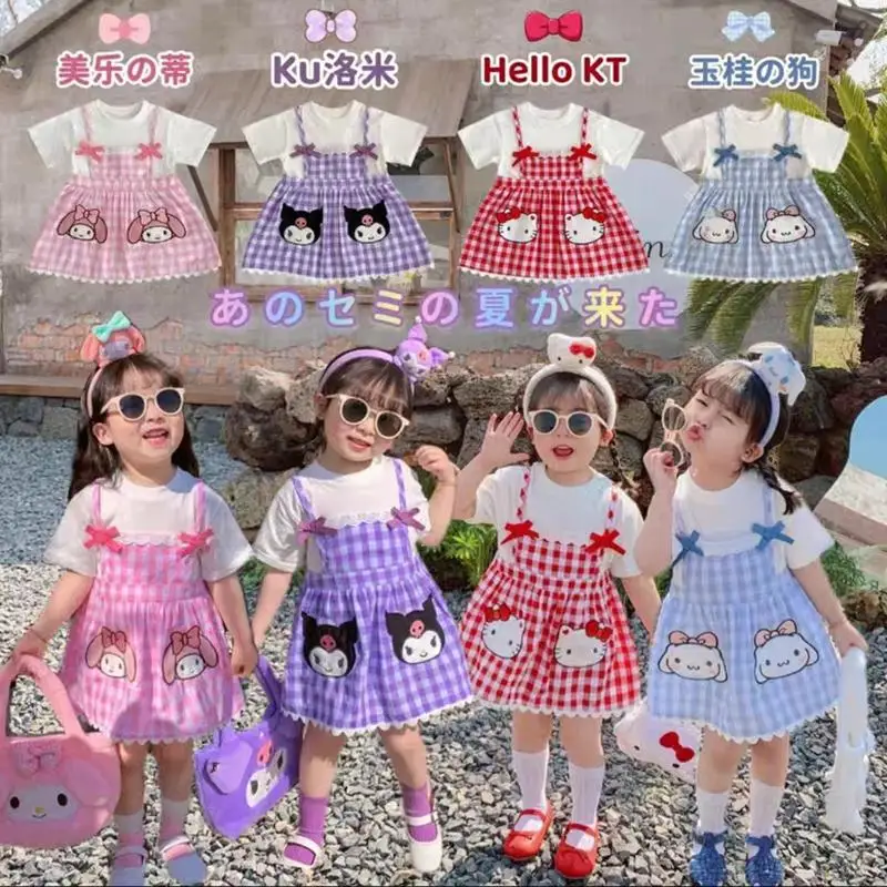 

Sanrioed Kuromi My Melody Hellokittys Cinnamoroll Girls' Dress Summer New Baby Checker Cartoon Strap Short Sleeve Princess Dress
