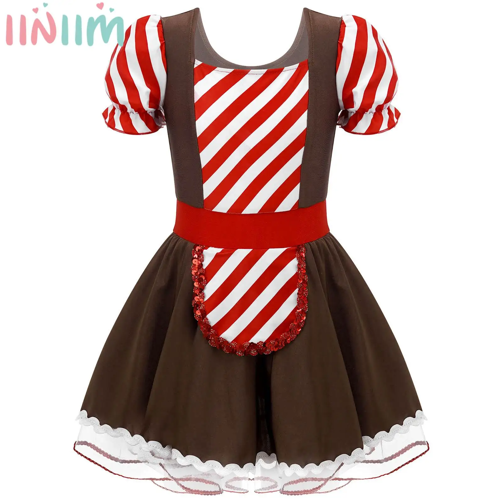 Kids Girls Halloween Cookie Gingerbread Princess Dress Cosplay Costumes Stripe Lace Trim Jumpsuit Party Performance Dancewear