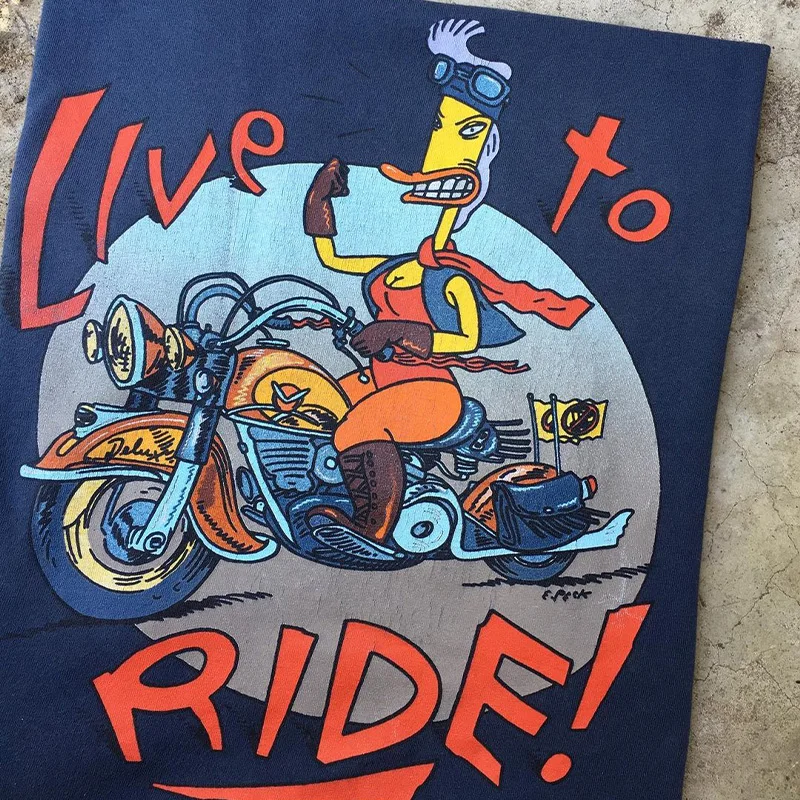 

American Retro Style Live To Ride Funny Duck Printing Unisex T shirts Short Sleeve Loose Cotton Tops Tumblr Fashion Cartoon Tees