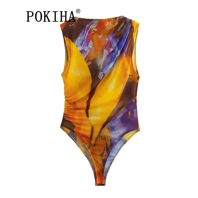 

Pokiha Summer Sexy Printed Tulle Women Skinny Bodysuit Ruched Side Sleeveless Snap-Button Slim Female Playsuit Lightweight Y2K