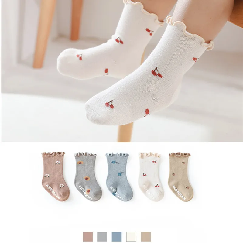 

0-5Y Baby Cute Flower Printed Socks Soft Cotton Curly Lace Silicone Non-slip Spring Autumn Newborn Girls Boys Gifts Kids Stuff