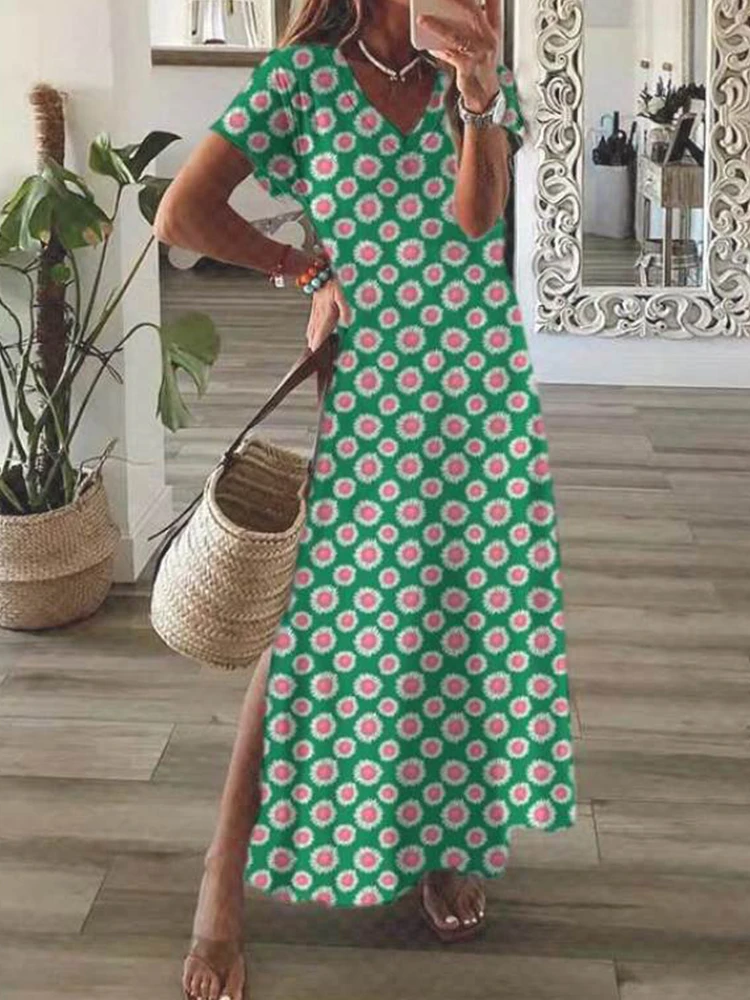 

Женское длинное платье с V-образным вырезом и цветочным принтом