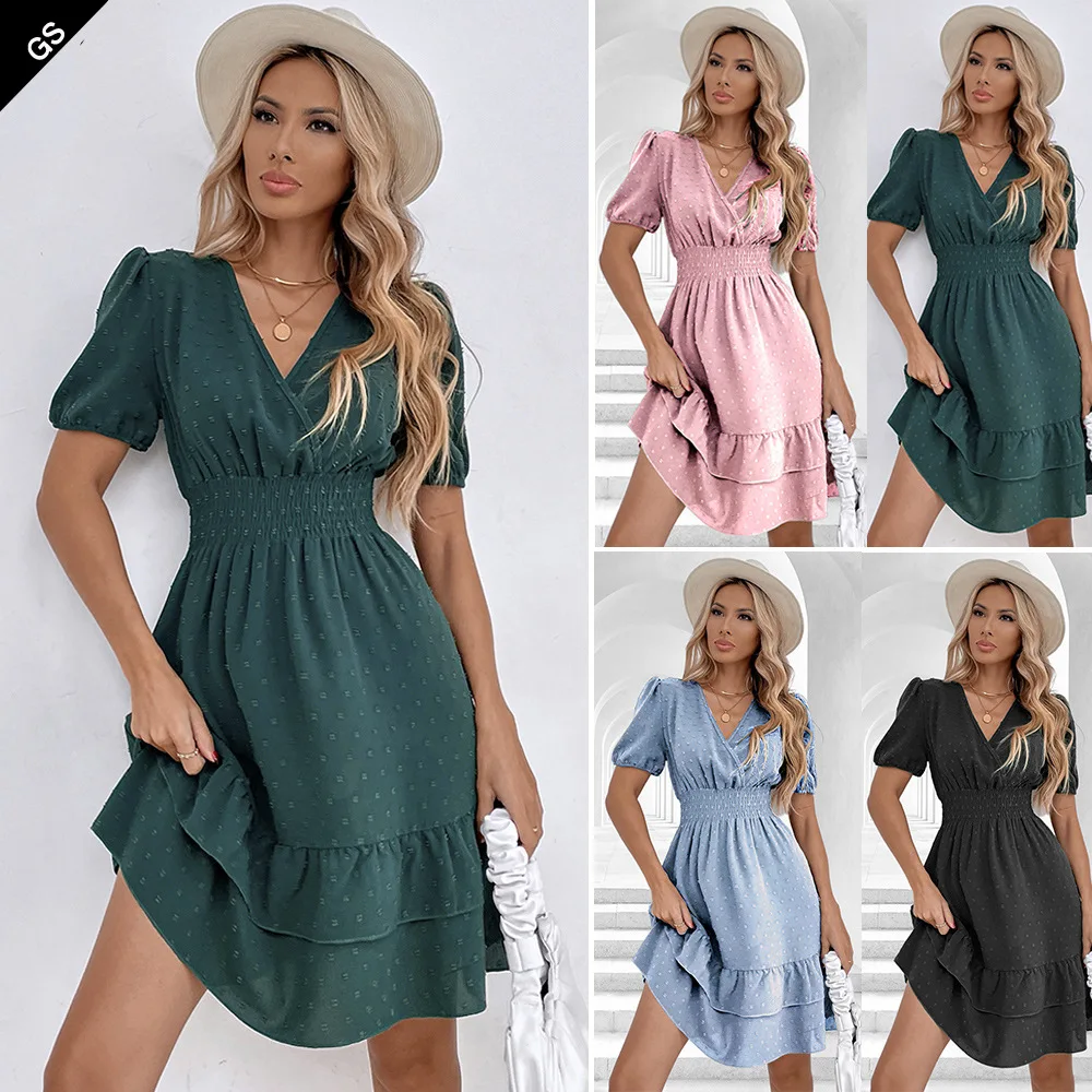 

Swiss Dot Ruffles V Neck Summer Dress Women Solid Color Short Puff Sleeve French Robe A Line Mini Chiffon Dresses