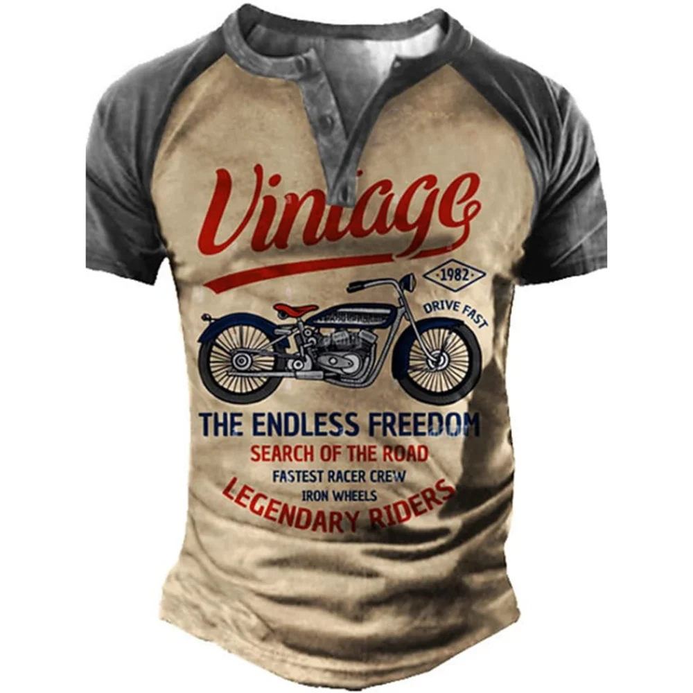 

Vintage Men's Henley T shirt V-neck Slogan T Shirts Graphic Motorcycle Short Sleeve Button-Down Print Clothing Streetwear