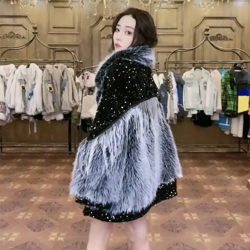 2022 New Winter Women's Mid-length Faux Toka Fur Integrated Coat Ladies Fashion Patchwork Thick Warm Lamb Wool Motorcycle Jacket