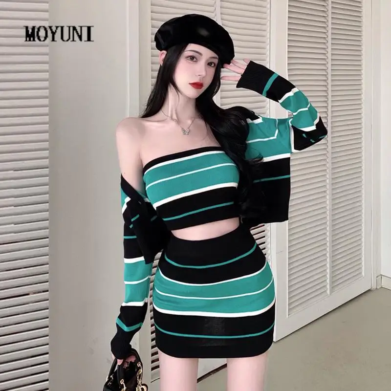 

Retro Hit V Striped Cardigan Crop Jacket Sexy Camisole Tops High Waist Mini Skirts Knit 3piece Sets Casual Fashion Outifits