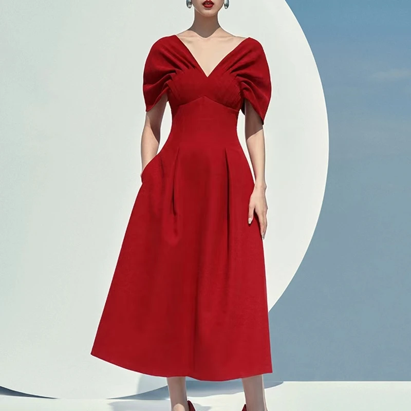 VANOVICH Fashion Temperament High Waist Slim Puff Sleeve Dress Women 2023 Summer New Solid Color V-Neck Fit and Flare Long Dress