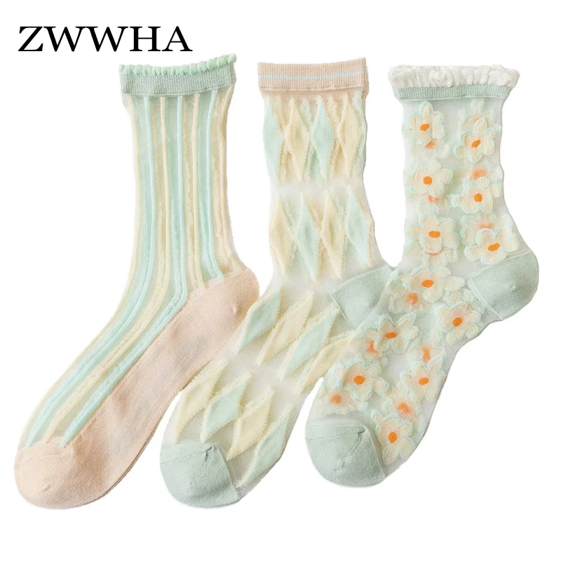 

3 Pairs Socks For Women New Spring Summer Cotton Flower Sweet Korean Style Transparent Socks Breathable Fashion Cute Socks Girls