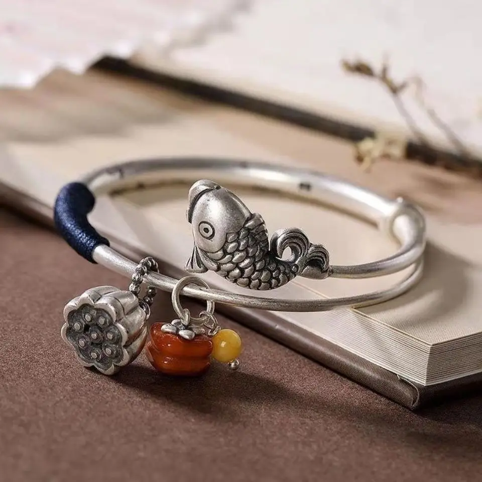 

S925 Silver Vintage Bracelet For Women Natural Stones Bangles Luxury High Quality Aesthetic Free Shipping Cute
