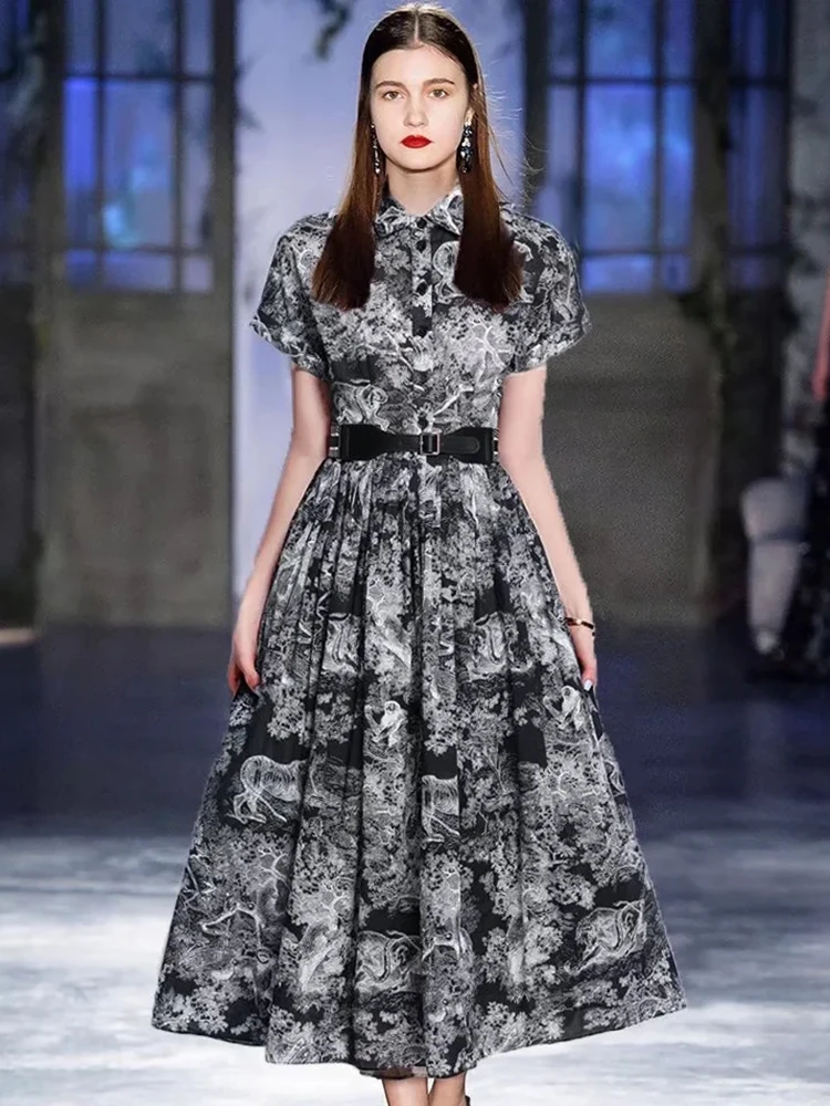 

Delocah/высококачественное летнее женское модельное дизайнерское платье трапециевидной формы с коротким рукавом и поясом, винтажное платье с ...