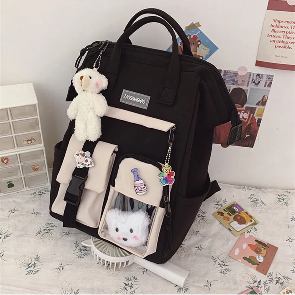 Middle School Girls Backpack School Bags For Teenage Girls Large Capacity Backpack with Cute Accessories Multi-Pockets Hanging B