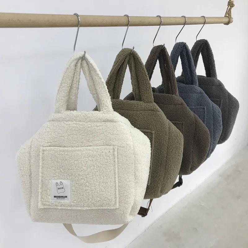 

Winter Lamb Plush Handbag Korean Style Women Letter Design рюкзак Lovely Colorful Casual Versatile Pure Color Cute Messenger Bag