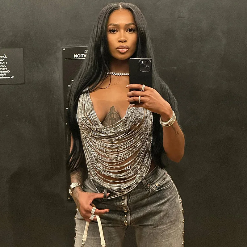 

2023 Summer Multilayer Chain Women Crop Tops Halter Backless Sleevless Low Chest Sexy Fashion Rave Party Nightclub Coquette Vest