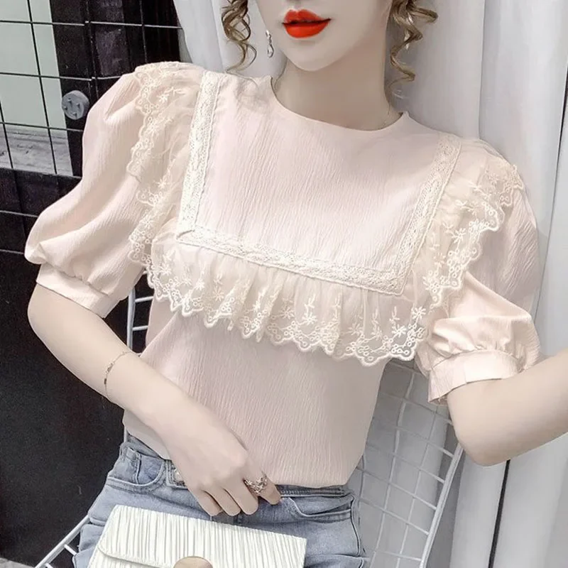 Блузка женская с круглым вырезом милая Повседневная Свободная рубашка оборками