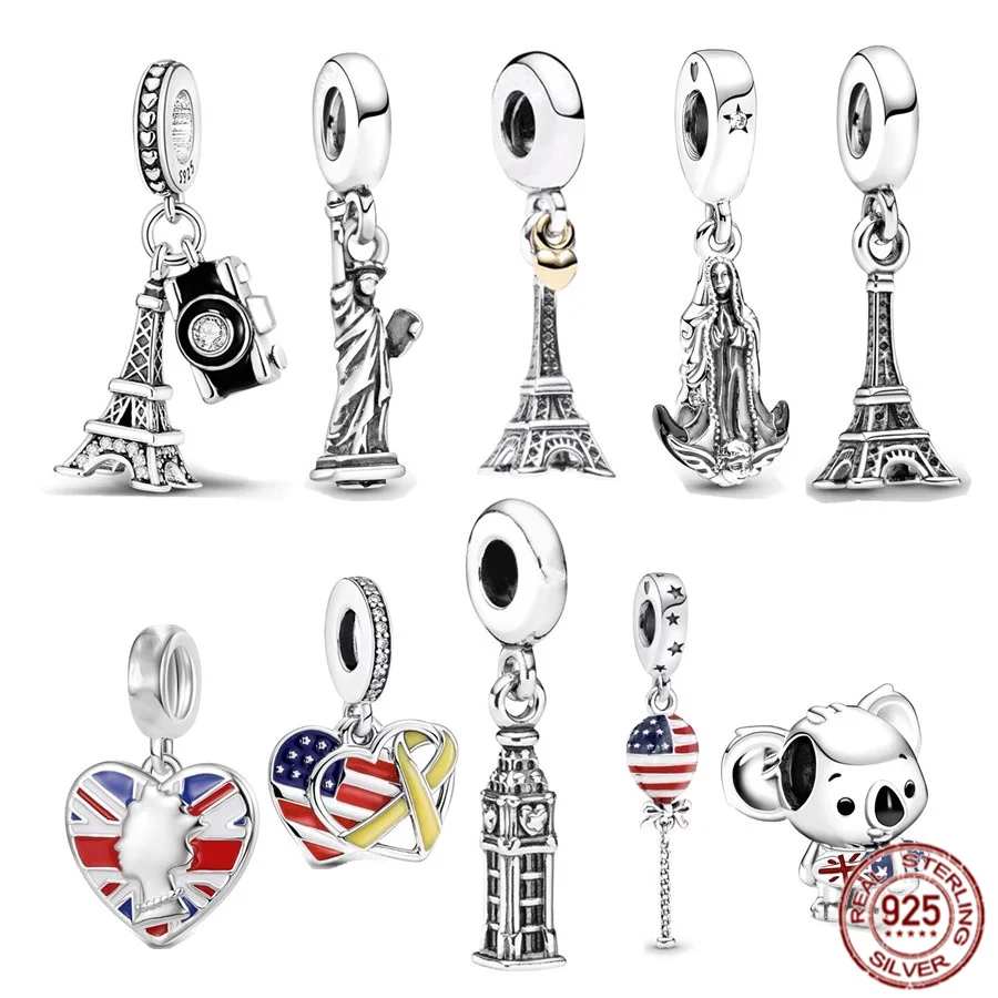 

DIY Jewelry 925 Sterling Silver Flag Beads Pendant Paris Tower New York Statue of Liberty Charms Fit Original Pandora Bracelet