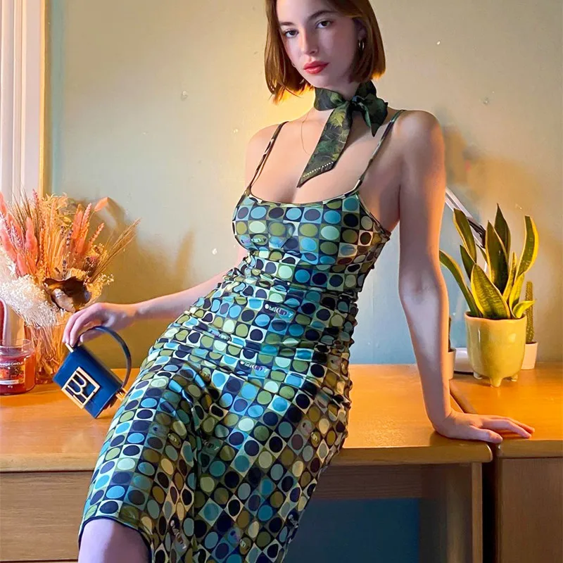 

Women Sling Dress Spaghetti Strap Low-cut Multicolor Plaid Circle Print Club Party Summer Fit Midi Dress