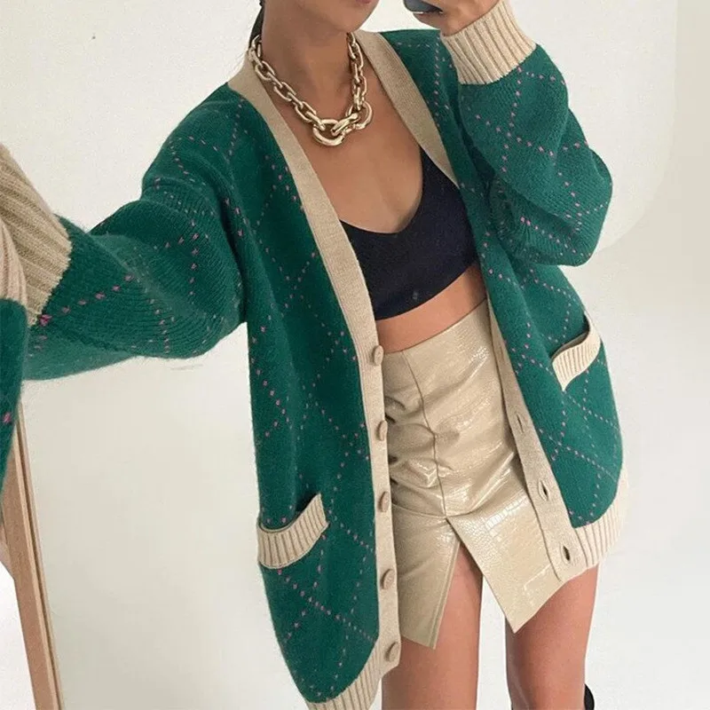 

Lady Autumn Sweaters Argyle Loose Women Cardigan Oversized Vintage Top Plaid Patchwork Y2K Sweater V-Neck Female Knitted Cardig