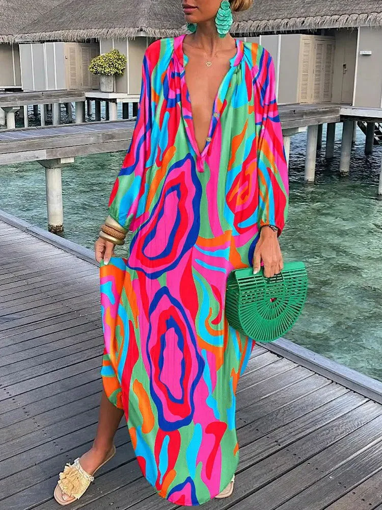 

Women Boho Print Beach Cover Up 2023 Summer Sexy Deep V-Neck Long Sleeve Long Dresses Female Vintage Maxi Dresses Elegant Robe