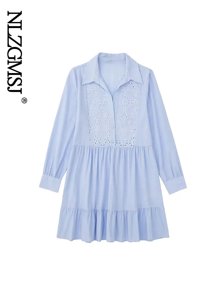 

Nlzgmsj Women Fashion Blue Embroidery Ruffle Shirt Dress Vintage Long Sleeve Buttons Female Dresses Vestidos 202208