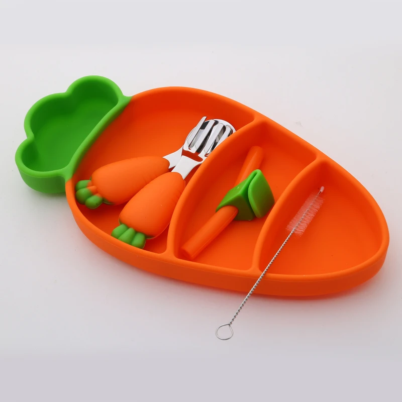 

Suction Plates Toddler Utensils Set for Baby Flatware Sets Baby Cute colorful Carrot Toddler Utensils Set 4 Divided Compartments