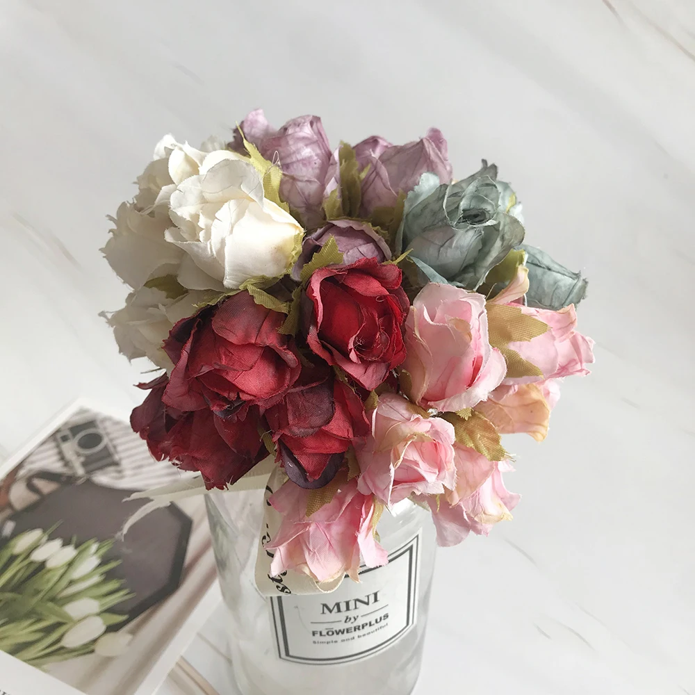 

European retro rayon tea rose flower bud bouquet wedding home retro fake flower party DIY decoration purple artificial flowers
