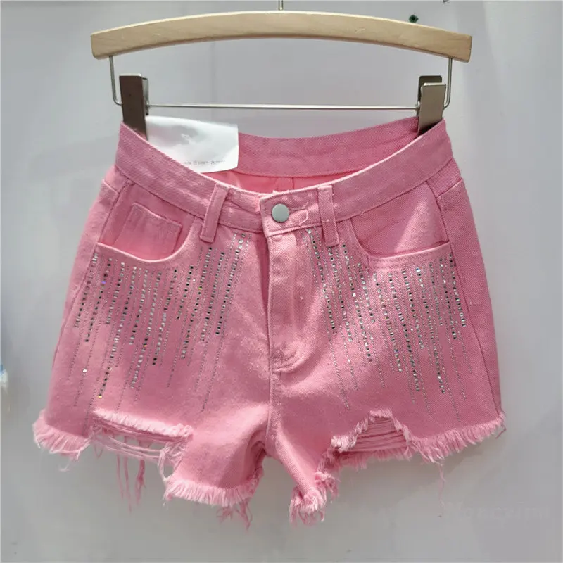 

Rhinestone Denim Shorts for Women 2023 New Summer Clothing High Waist Ripped Wide-Legged Pink Hot Pants streetwear