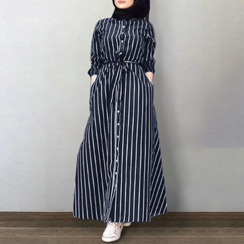 

2023 Autumn New Arab Long Dress Casual Style Hui Women's Striped Shirt Middle Eastern Robe