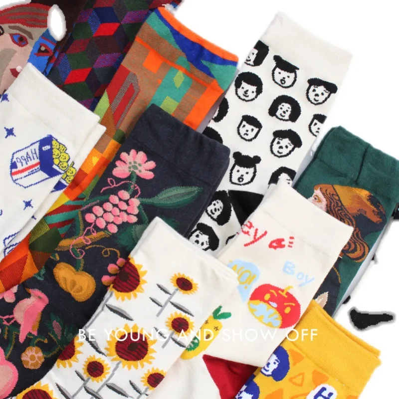 4 PairFloral socks for men and women with high personality,pure cotton socks,oil paintings,fun couples,trendy socks