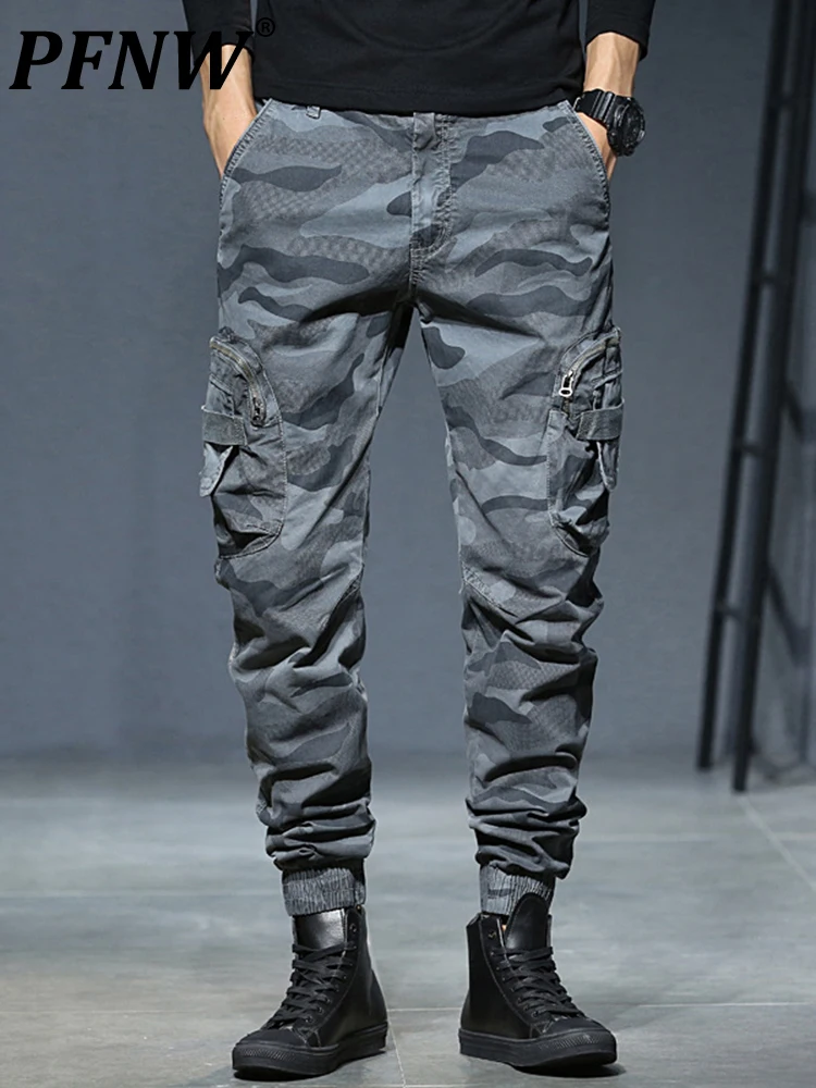 

PFNW Modern Outdoor Straight Tube Legged Camouflage Pants Men Popular Slim Fit Pockets Elastic Overalls Cargo Pants12A4236