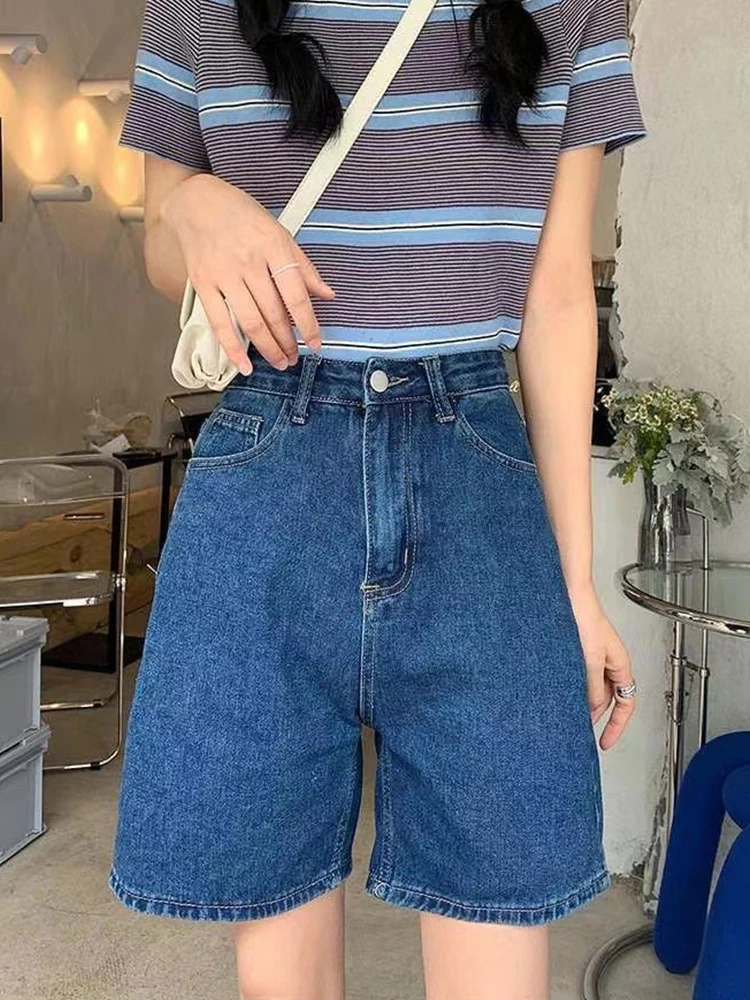 

Ailegogo High Waist Women Straight Wide Leg Vintage Blue Denim Shorts Summer Female Loose Casual Jeans Shorts Ladies Bottoms